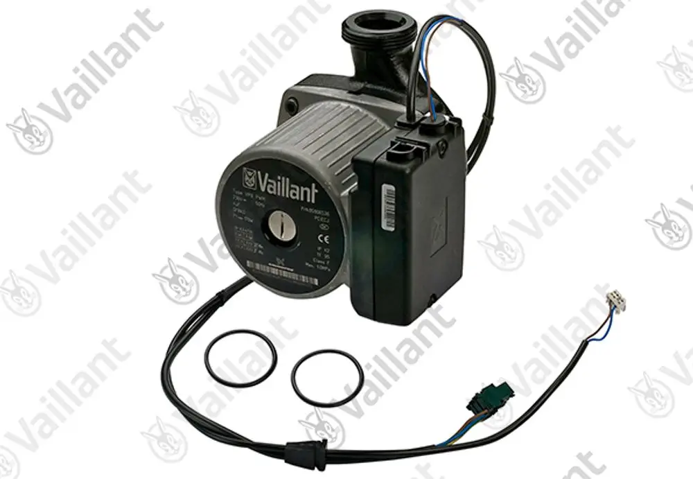 Vaillant Pumpe mit elektrischer Anschlussleitung, zwei Dichtungen und Kabelkonnektor, zur Verwendung in Heizungsanlagen oder ähnlichen Anwendungen.